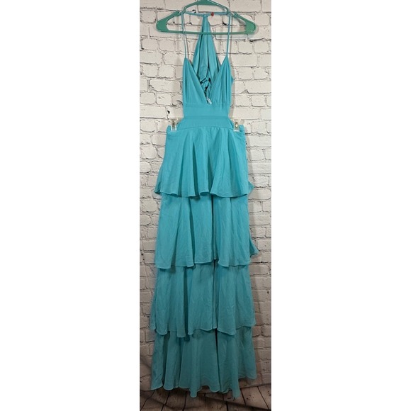 Lulus Tier and Now Med Aqua Blue Maxi Dress Cutout Tiered Halter Backless Gown - Picture 3 of 6
